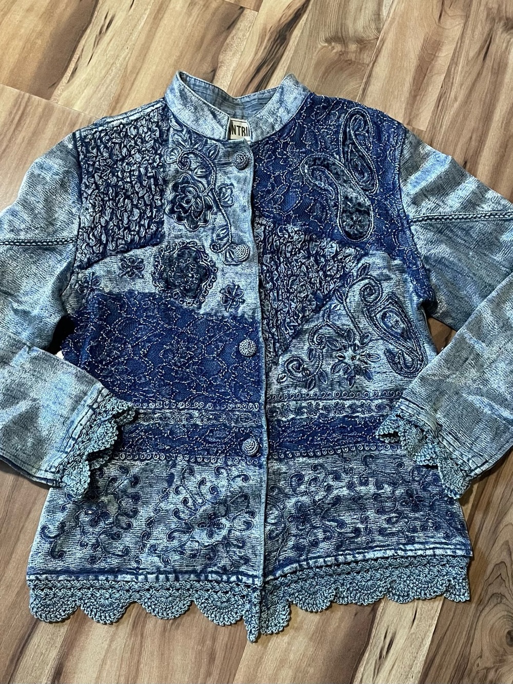 VTG Urban Tribe Patchwork Denim Shirt/Jacket Coquette Crochet Lace Boho Paisley